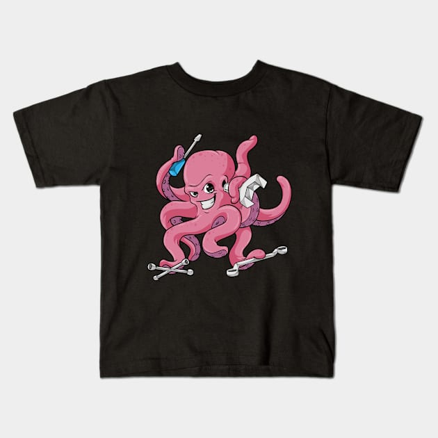 Octopus as mechanic with tool Kids T-Shirt by Markus Schnabel